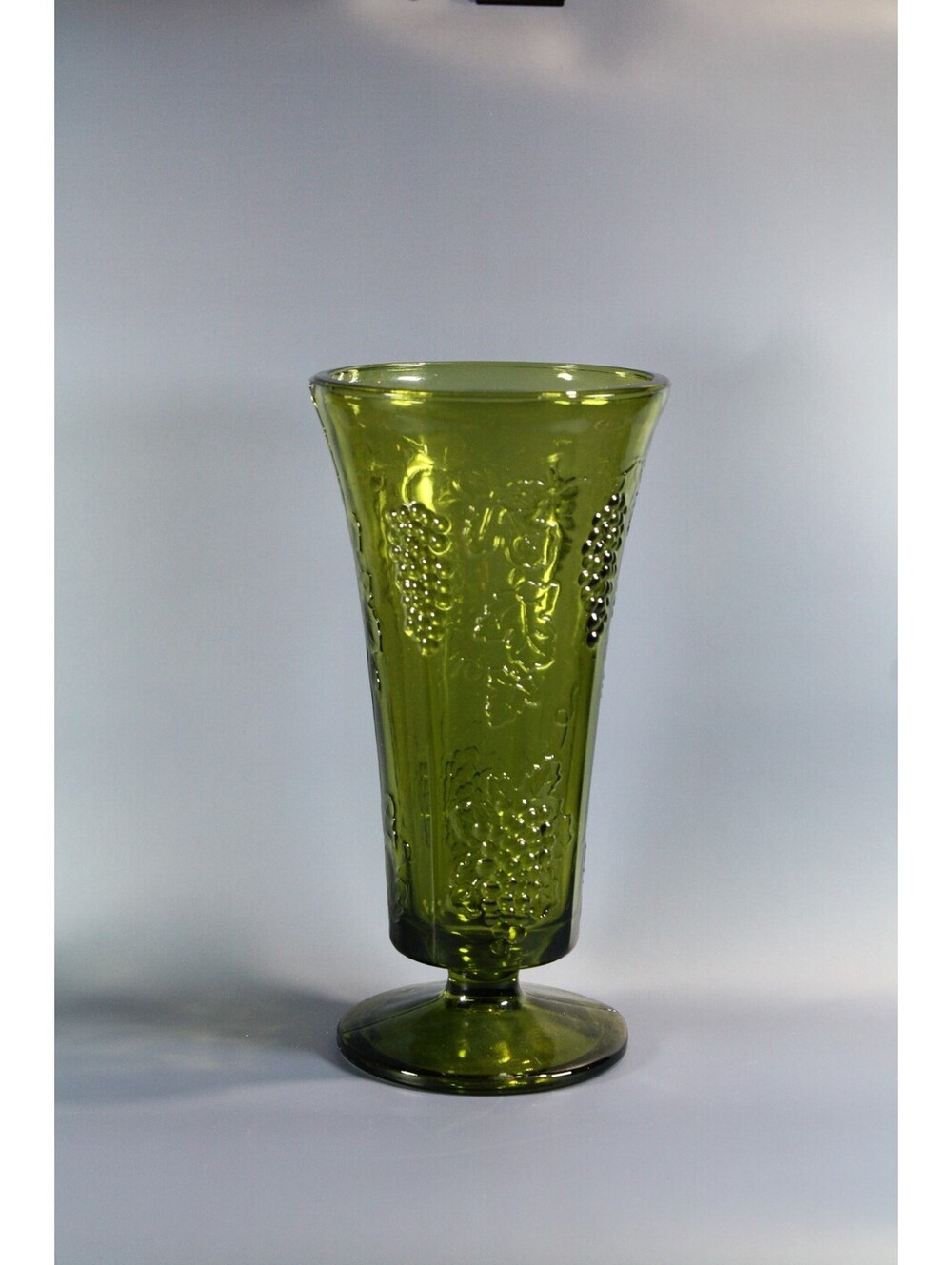 Vintage Olive Green Pressed Glass Grape & Vine Footed Vase
